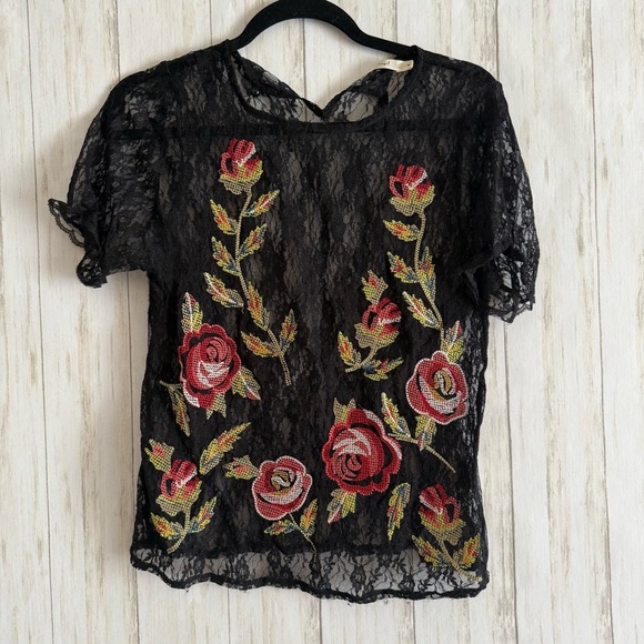 hazel Tops - Hazel Black Lace Blouse with Red Floral Embroidery